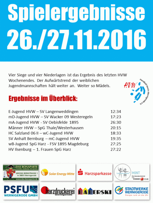 Spielergebnisse vom Wochenende 26./27.11.16