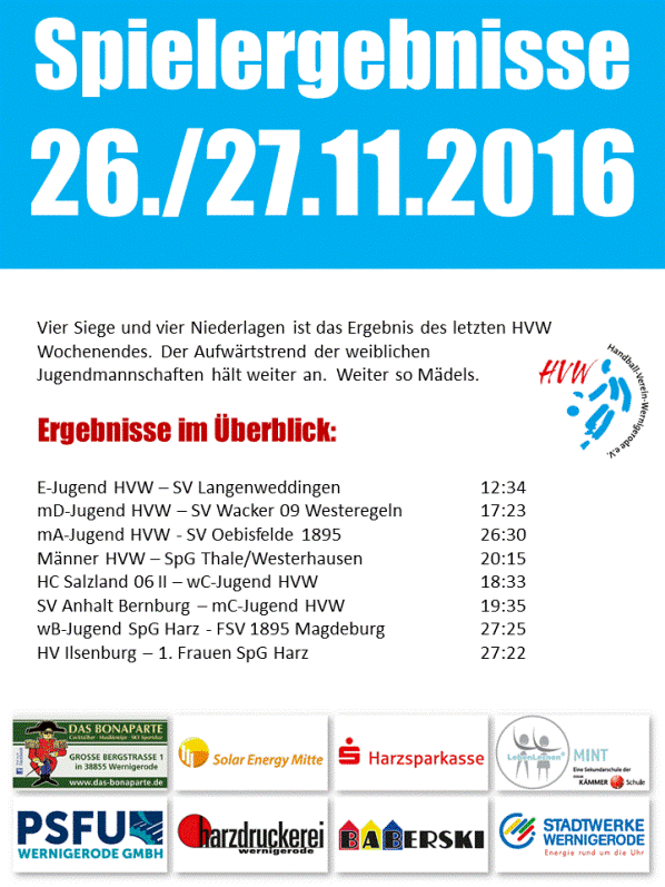 Spielergebnisse vom Wochenende 26./27.11.16