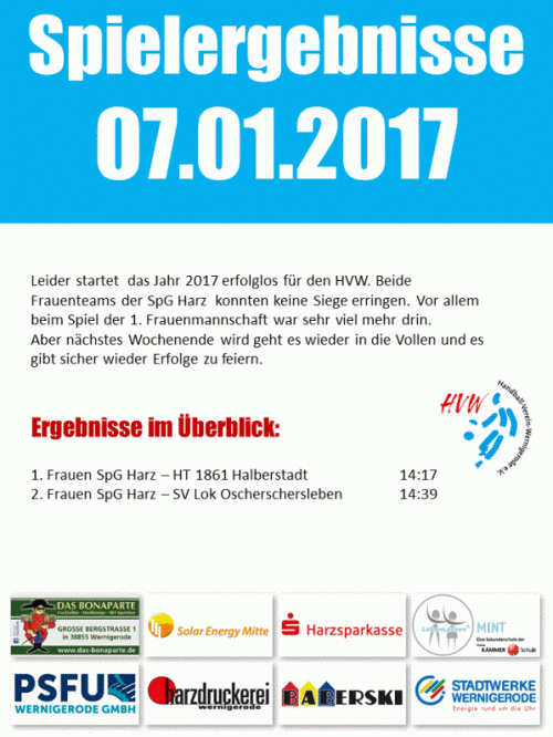 Ergebnisse vom Wochenende 07.01.2017