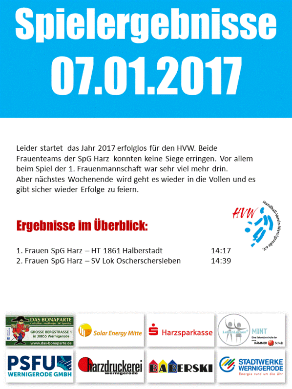Ergebnisse vom Wochenende 07.01.2017