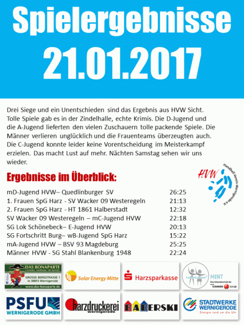 Spielergebnisse vom 21.01.2017