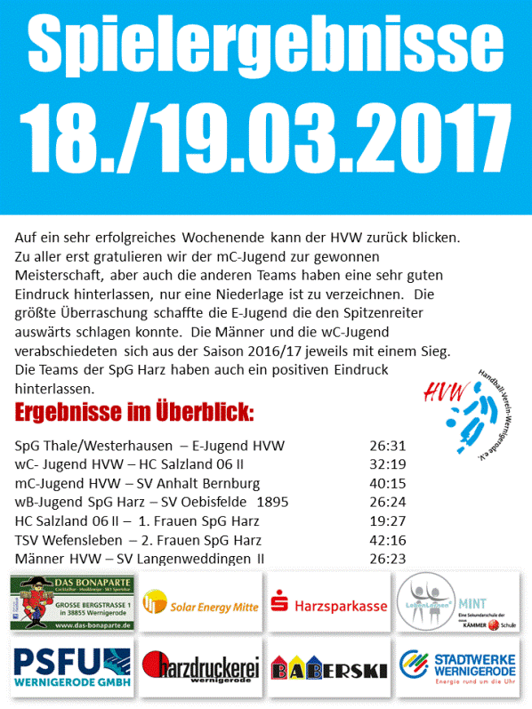 Spielergebnisse des Wochenendes 18./19.03.2017