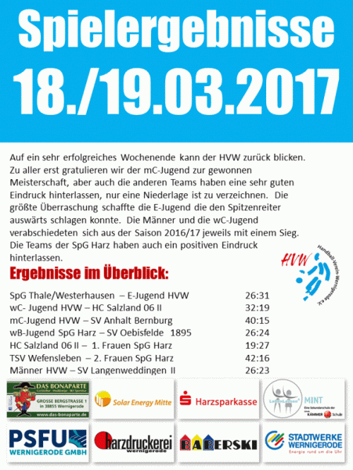 Spielergebnisse des Wochenendes 18./19.03.2017