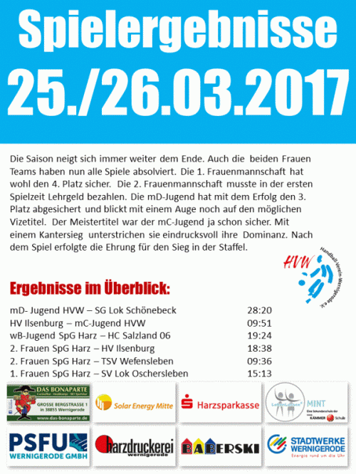 Spielergebnisse des HVW vom 25./26.03.17