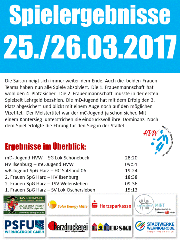 Spielergebnisse des HVW vom 25./26.03.17