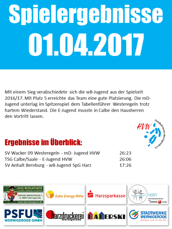 Ergebnisse vom Wochenende 01.04.2017