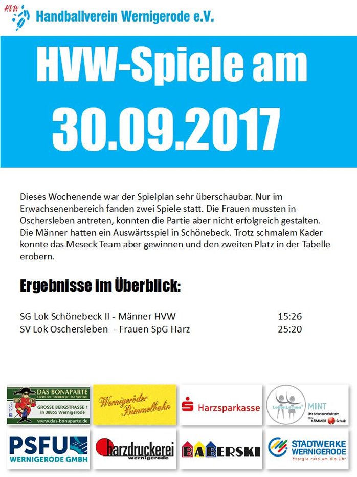 HVW Ergebnisse vom 30.09.17