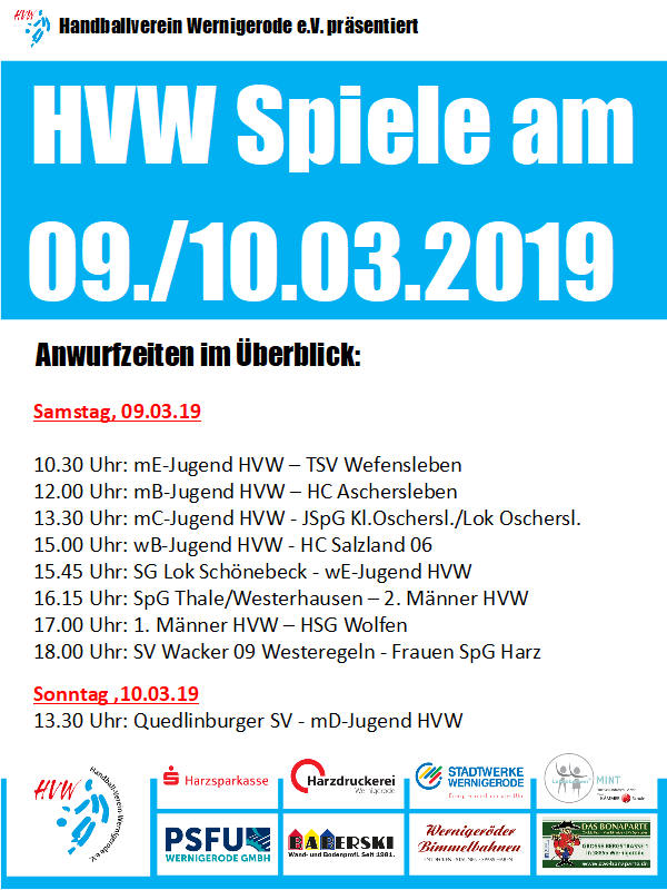 HVW Spiele am Wochenende 09./10.03.19