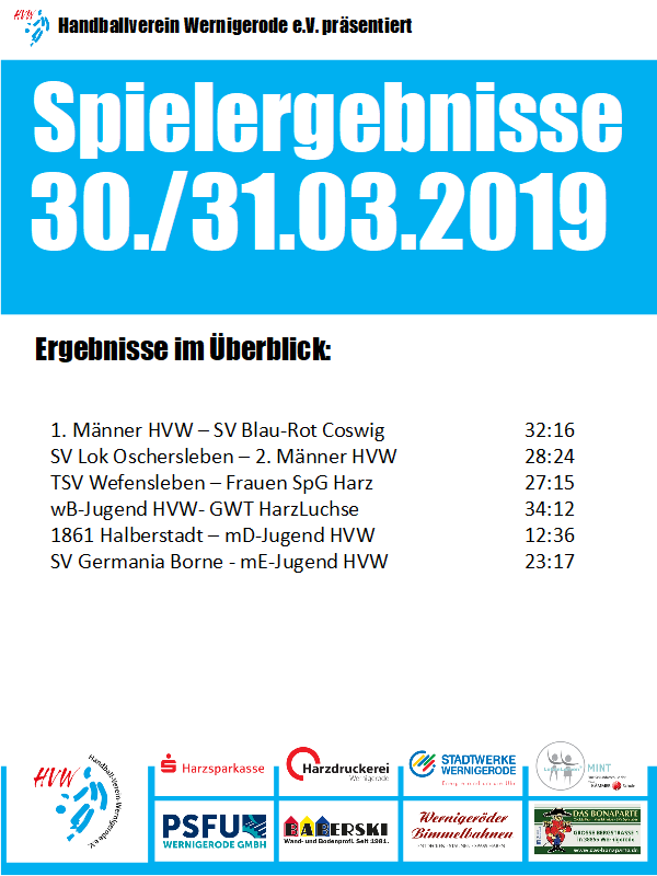 HVW Ergebnisse vom Wochenende 30./31.03.19