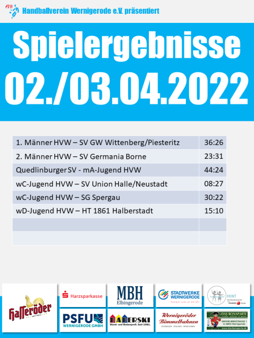 HVW Spielergebnisse vom Wochenende 02./03.04.2022