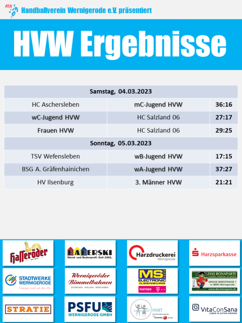 HVW Spielergebnisse vom Wochenende 04./05.03.2023
